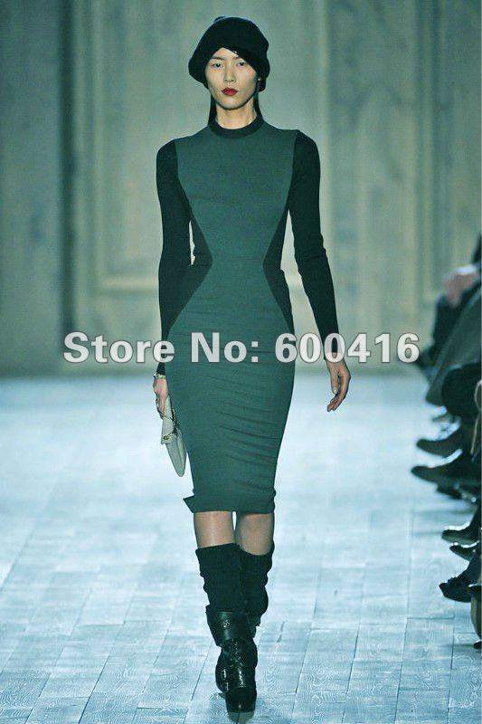 Free Shipping  Newest  Autumn Green /Black Panel Stretch Cotton Fitted Dress  120811HU01