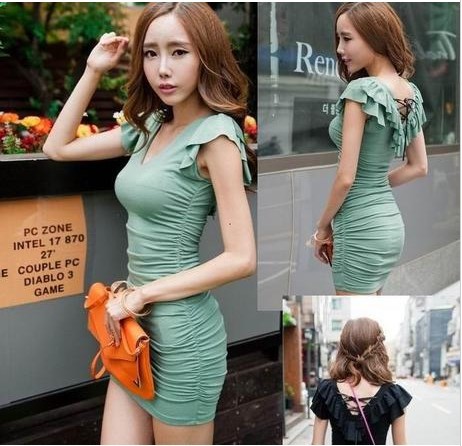 Free shipping newest fashion butterfly sleeve pleated cute cotton dress with tieback black green S057