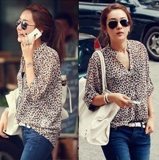 free shipping Newest korea style lady long sleeve V Neck turn-up cuff thin long shirt  leopard print chiffon blouse