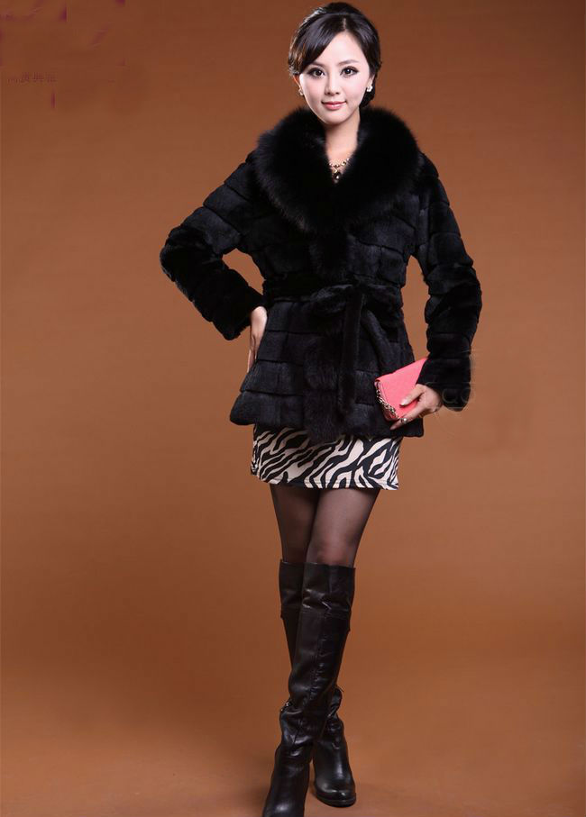 free shipping~newest noble ladies' Fashion rex rabbit fur coat with True fox fur collar,ladies fur garment\outerwear M-3XL 12F44