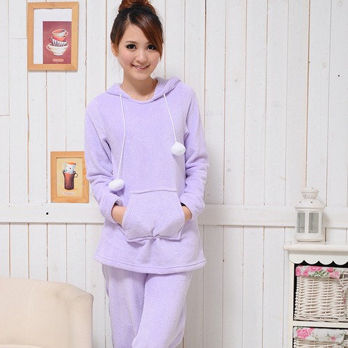 Free shipping! Newsluck female coral fleece sleep set light purple women's zipper set purple temptation sportswear