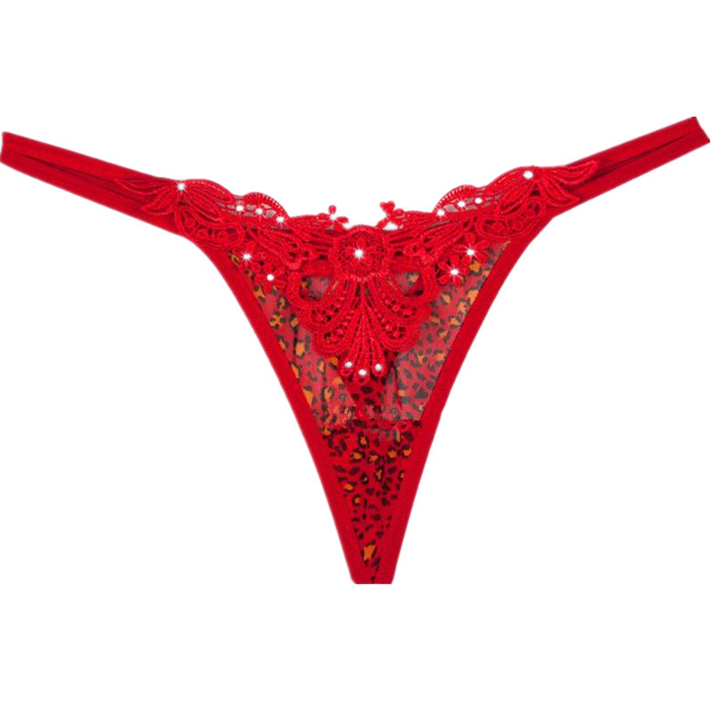 Free shipping Noble sexy low-waist diamond embroidery leopard print panty t word pants perspectivity thong red