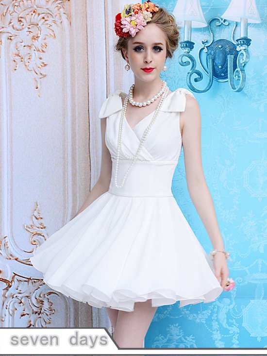 Free Shipping Noble Women Pleated Fashion Pure Color Empire-waist V-neck Chiffon Tank Mini Dress In White SL062635WI