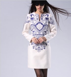 Free shipping! Novelty embroidered dress 2012 autumn and winter women vintage national trend porcelain woolen one-piece dress