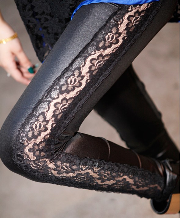 free shipping Num . spring fashion female elastic lace patchwork faux leather ankle length legging