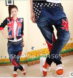 Free Shipping NZ-1015 Women's Distrressed Jeans,Flag Printed Loose Cotton Pants,Fashion Harem Trousers,Leasure Wear