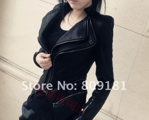 Free shipping Oblique zipper woman Short jackets Slim locomotive Leather Coat