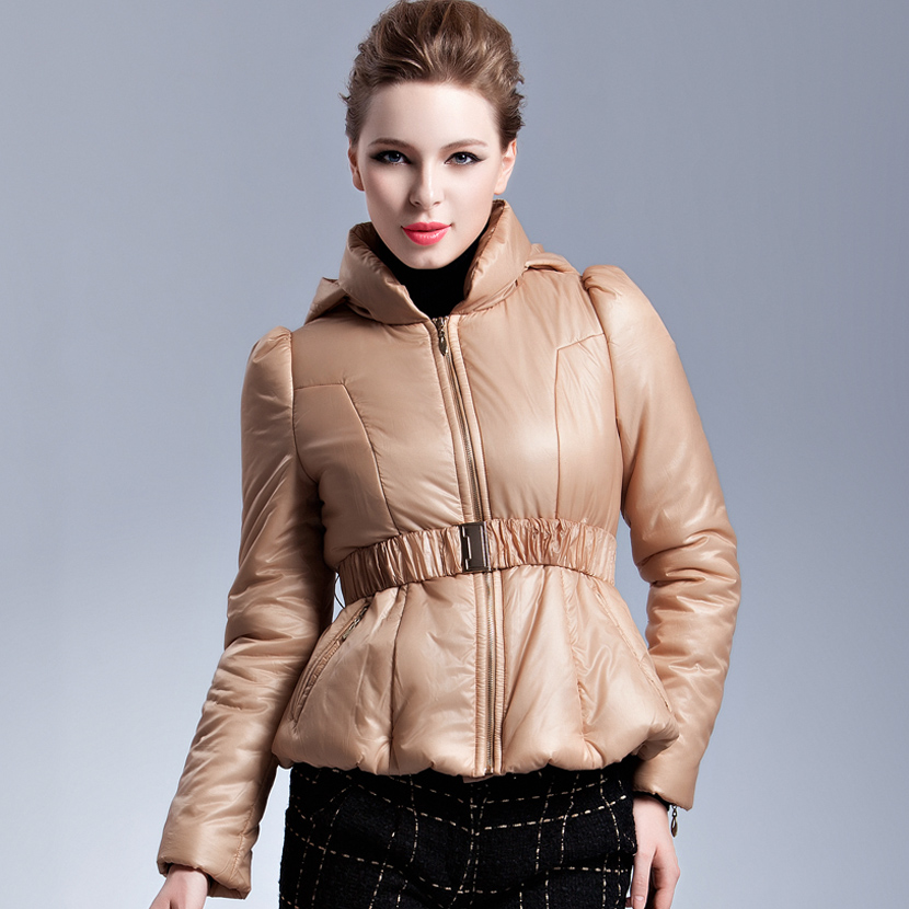 free shipping October legend 2012 beige OL outfit zipper fashion thermal slim belt short cotton-padded jacket outerwear