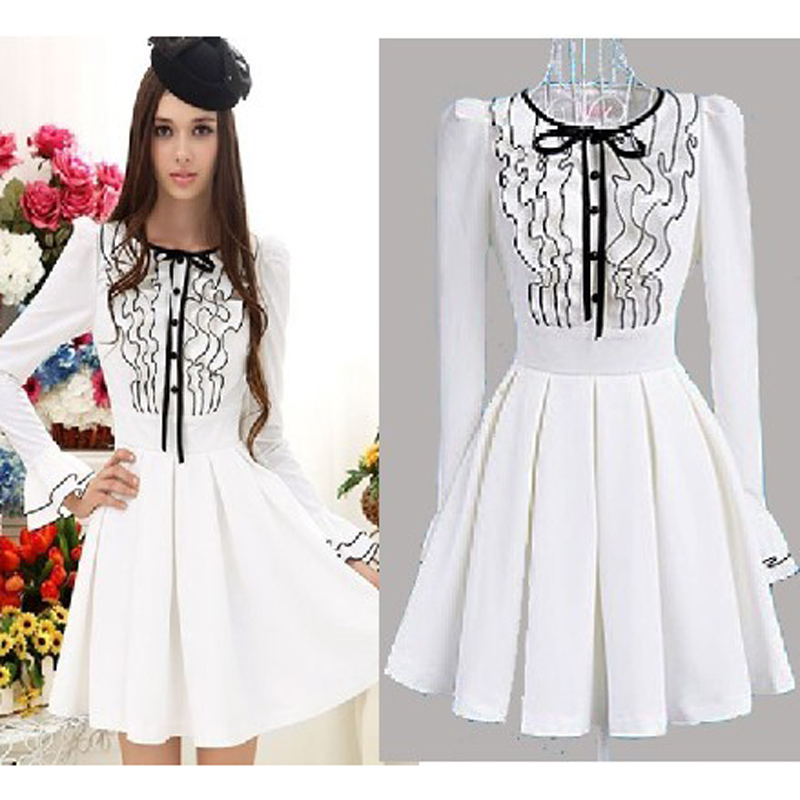 Free Shipping OL 2013 Brand Autumn Princess Long Sleeve Women Fashion Maxi Dress , white color  S M L  XL