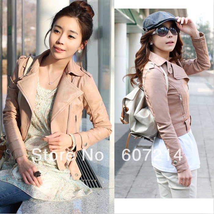 Free Shipping OL oblique zipper long-sleeved PU leather jacket / short coat 2-color 3-size S, M, L