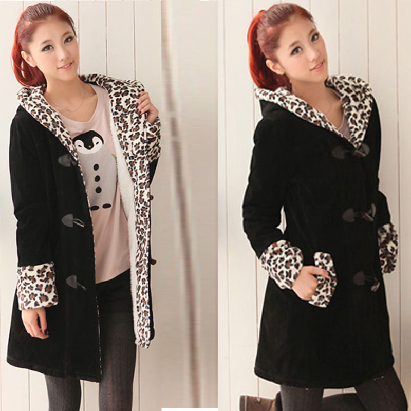 Free shipping one-piece 2012 plus size clothing leopard print plush hooded thermal thickening overcoat outerwear