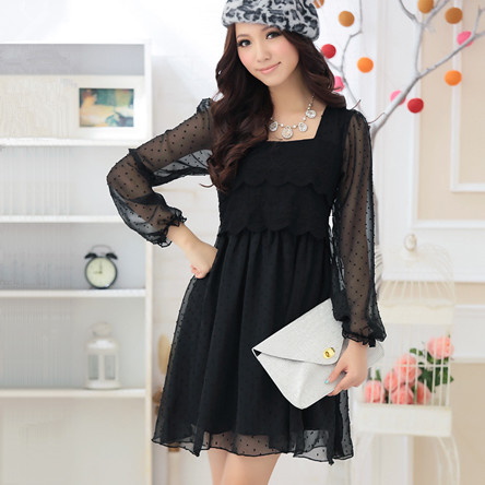 Free Shipping One-piece dress 2012 perspectivity sweet chiffon one-piece dress mm plus size long-sleeve dress