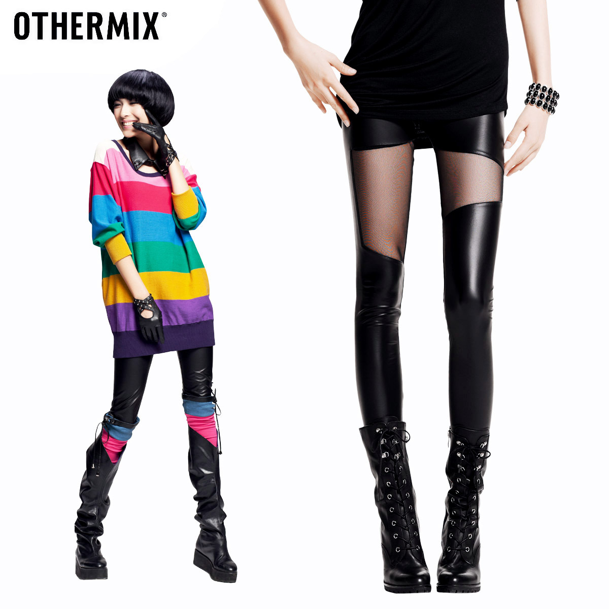 Free shipping Othermix fashion personality black PU faux leather legging female autumn 12t10026