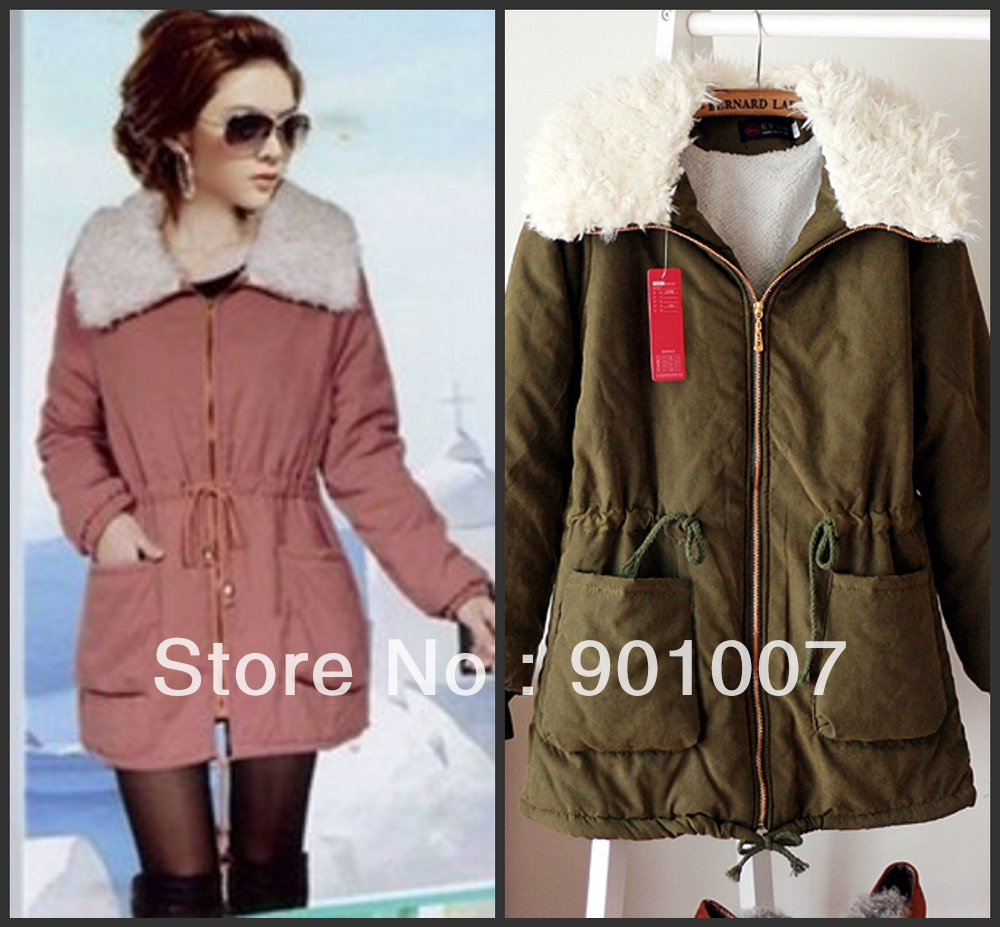 Free shipping outerwear autumn and winter women thickening medium-long wadded jacket Army Green fur collar big clothes