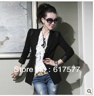 Free Shipping outerwear female women's autumn/winter suit slim denim leather patchwork jacket coat, women jacket black