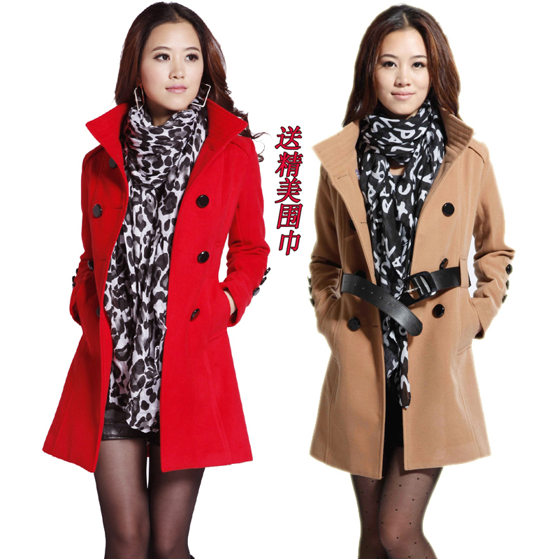 free shipping Overcoat 2013 ol elegant all-match double breasted stand collar slim female trench woolen women's coat