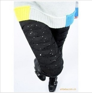 free shipping P lace paillette double layer faux leather patchwork ankle length trousers legging