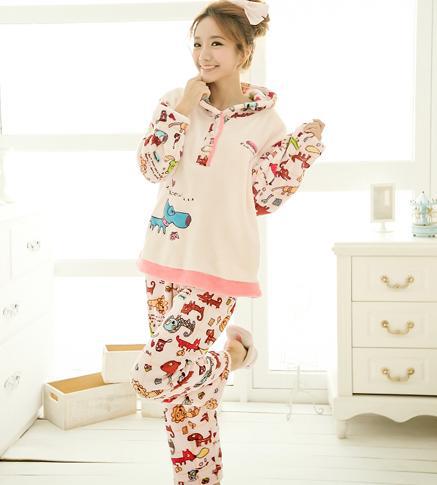 Free Shipping P004# Winter Pajamas For Women Coral Fleece Sleepwear Thickening Hooded Pyjamas