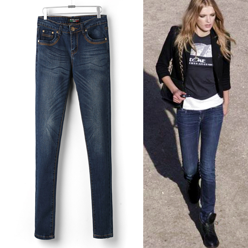 Free shipping, Pants jeans female skinny pants Dark Blue personalized 100% cotton jeans