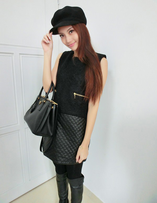 Free shipping Paragraph woolen patchwork sweep black leather skirt o-neck sleeveless tank dress autumn and winter 2012 3