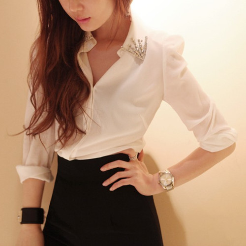 free shipping  Partysu crystal turn-down collar ol elegant formal solid color chiffon shirt  black