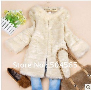 Free Shipping PC-002 Women's Rabbit Faux Fur Coat Winter Warm Striped Long Jackets Fur Clothing Black/Apricot