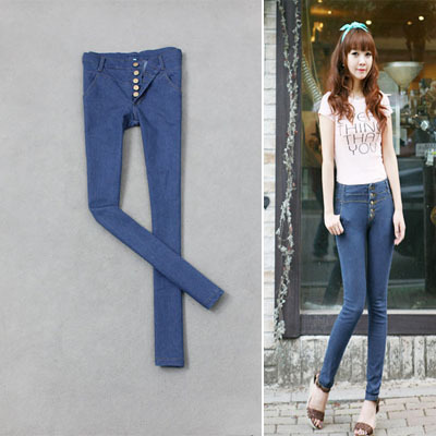 Free shipping Pencil pants high waist metal button front fly jeans skinny pants female 5598