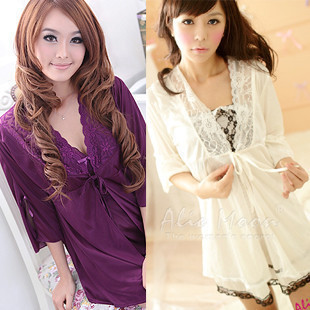 Free shipping perfect elegant deep V-neck viscose spaghetti strap nightgown robe twinset sexy temptation