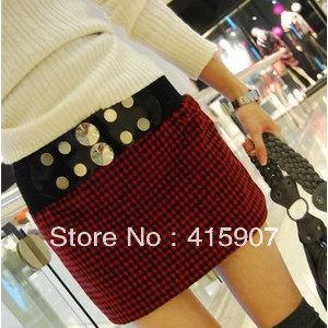 Free shipping!personality autumn winter woolen short skirt elastic rivets leather belt a-line skirt Two color Free size