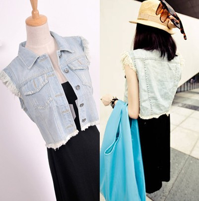 Free Shipping Personality tassel denim vest short design denim vest 403116 high quality