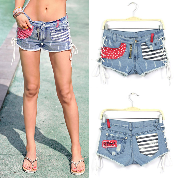 Free shipping Personalized hit color block bandage denim shorts femal jeans pants#Y475