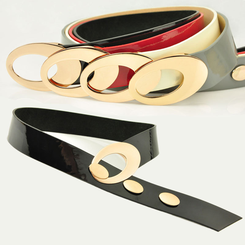 free shipping Pigskin japanned leather exquisite oval buckle fashion women belt black red white