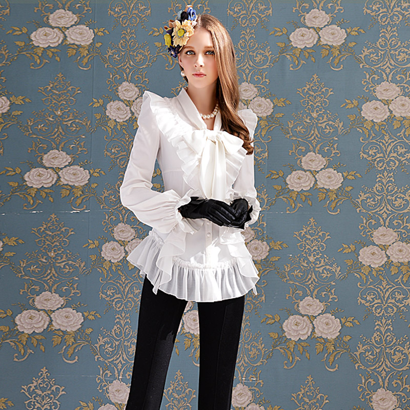 Free shipping Pink doll brand 2013 spring new arrival white ruffle bow shirt a