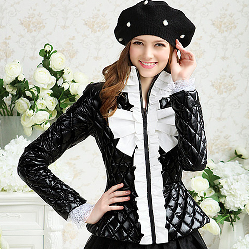 Free shipping Pink doll brand Black white ruffle bow slim women's down coat q