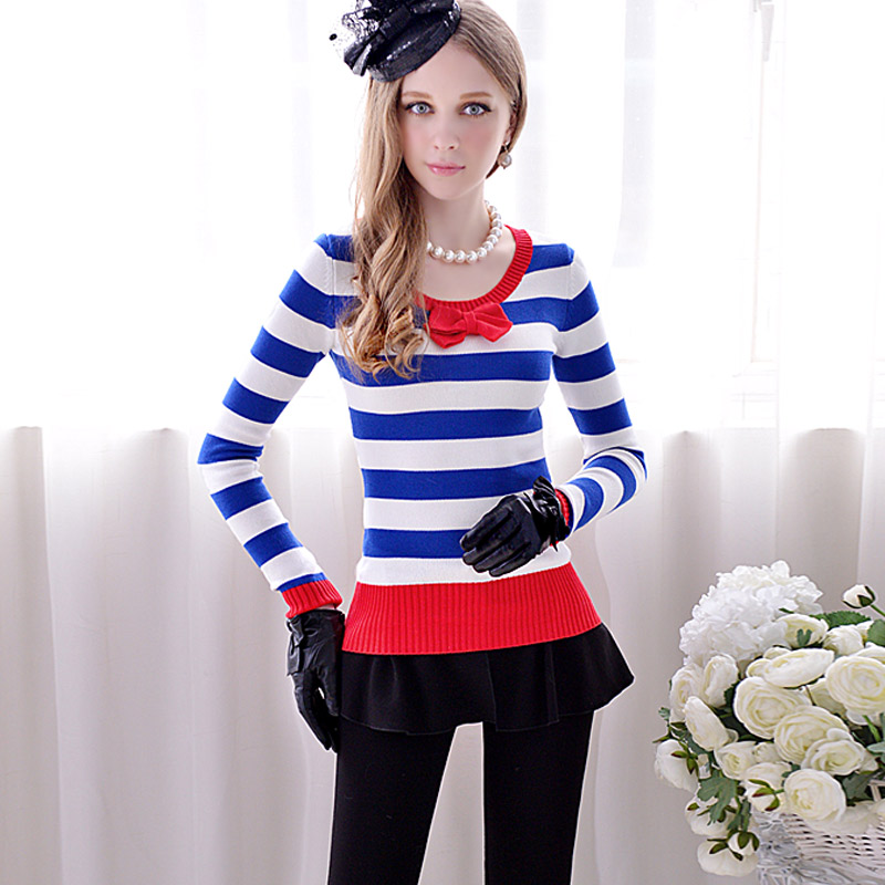 Free shipping Pink doll brand Blue and white stripe red bow slim pullover sweater a female