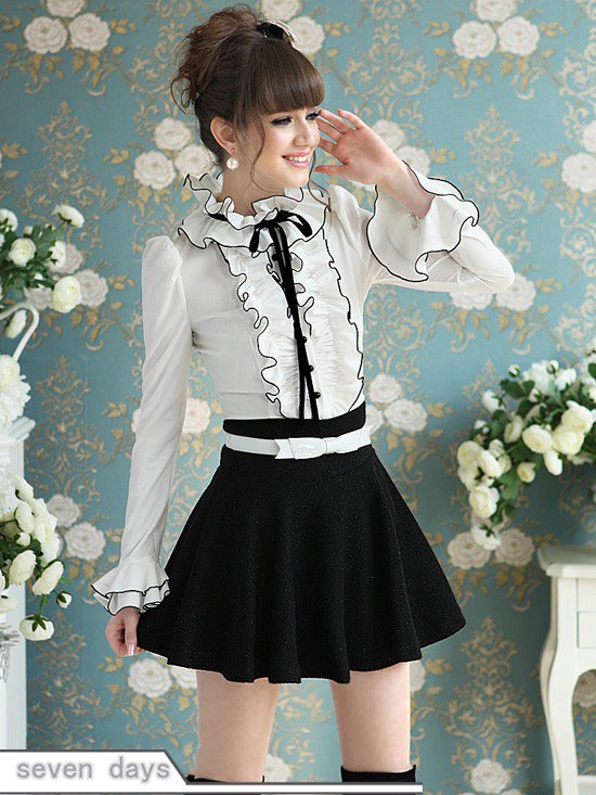 Free Shipping Pink Doll Stand Collar Ruffles Puff Long Sleeve Bowknot Pure White Blouse N452911