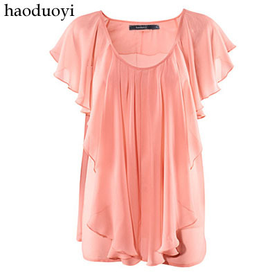 Free Shipping Pink ruffle chiffon shirt loose ruffle sleeve chiffon shirt breathable hm6 full