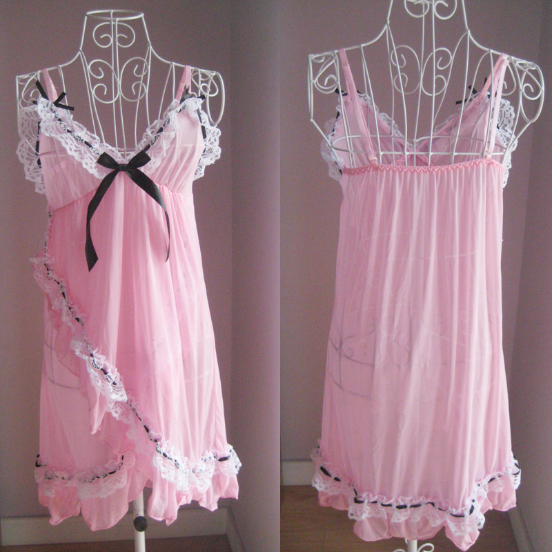 FREE SHIPPING Pink spaghetti strap nightgown lace decoration sexy sleepwear set lounge