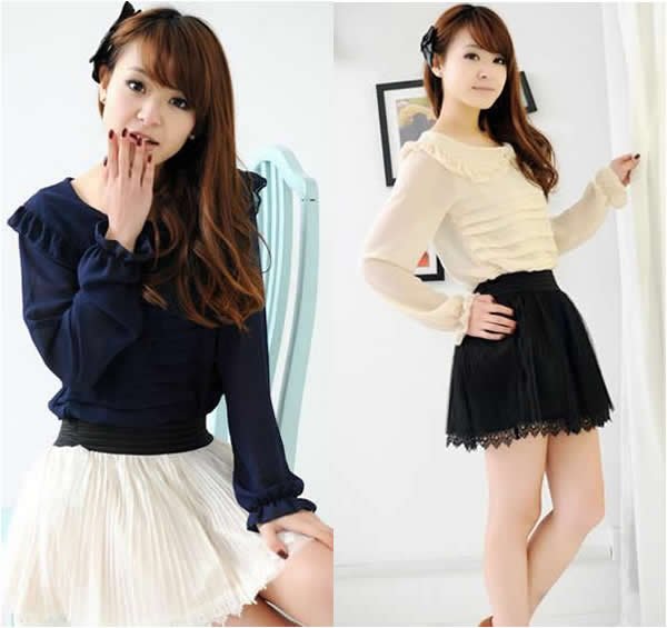 Free shipping pleated ruffles peter pan collar full sleeve solid princess  casual women chiffon blouse shirt new fashion 2012