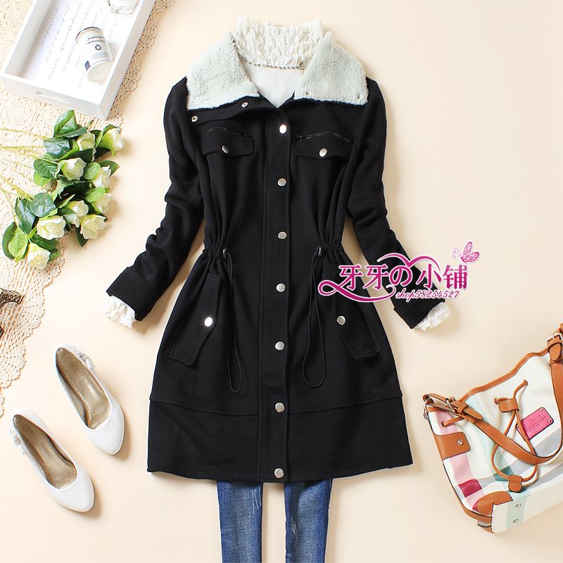 Free Shipping Plus size classic long design slim waist trench belt berber fleece fur collar