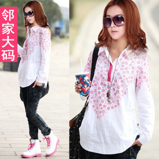 Free shipping! Plus size clothing 2012 autumn 100% cotton medium-long mm loose print long-sleeve shirt