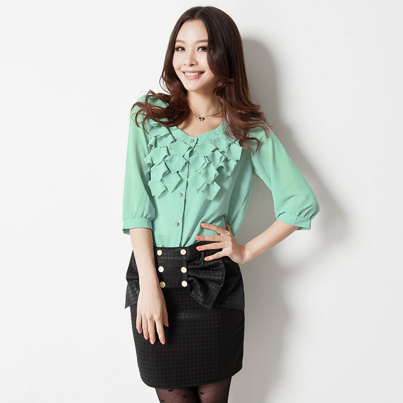 Free shipping Plus size clothing elegant o-neck tassel chiffon blouse  L xl 2xl 3xl 4xl OL shirt