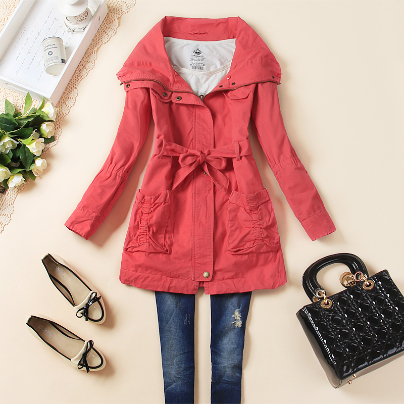 Free Shipping Plus size clothing medium-long belt zipper trench watermelon red tianlan camel