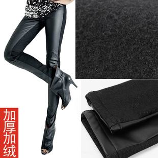 Free Shipping Plus size clothing mm slim thickening PU legging plus size thermal plus velvet patchwork leather pants legging