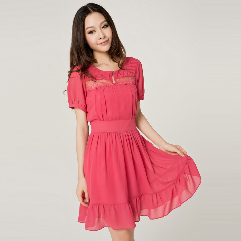 Free shipping Plus size clothing sweet lace decoration pleated ruffle dress  & fashion dress XL 2XL 3XL 4XL