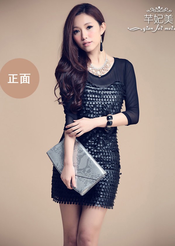 Free shipping plus size leather dresses for women summer 2013 summer three quarter sleeve patchwork sheath black S M-XXXL