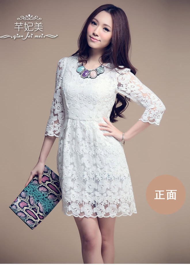 Free shipping plus size three quarter sleeve lace dress women  2013 summer o neck office flower black  white S M -XXXL