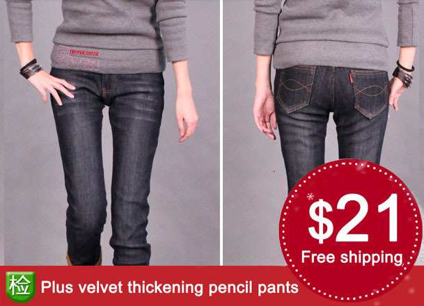 Free shipping Plus velvet thickening jeans women plus size elastic slim thermal jeans pencil pants boot cut jeans