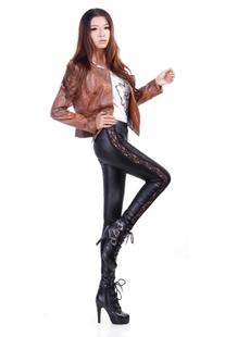 Free shipping Plus velvet thickening sidepiece lace faux leather patchwork peeling cotton legging warm female boots pants