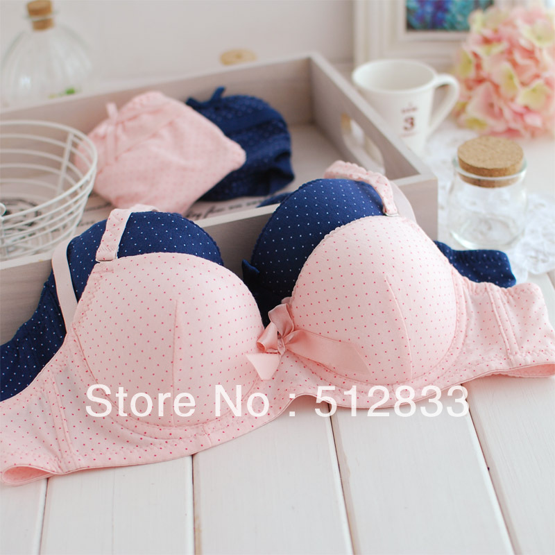 free shipping Polka dot small polka dot comfortable soft wire 100% cotton bra set underwear set